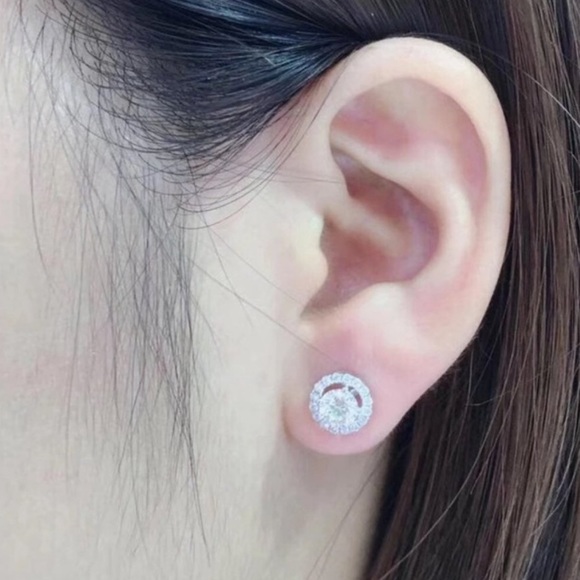 NEW Brilliant Cut 18K Diamond Halo Stud Earrings - Picture 3 of 5